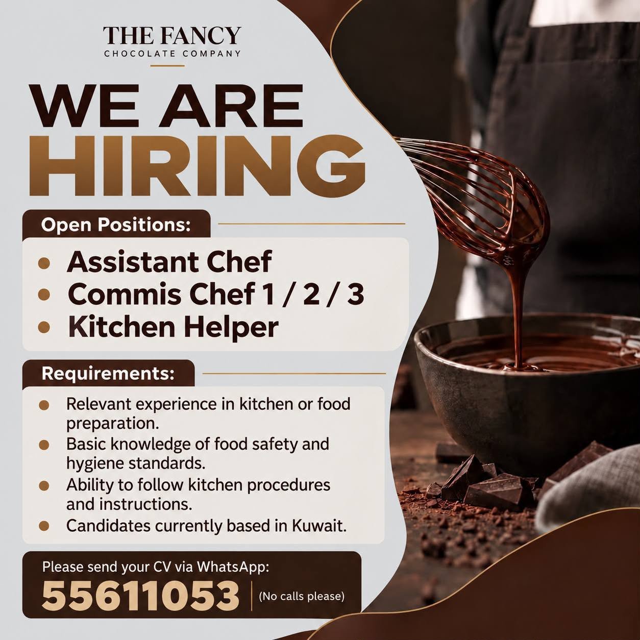 The Fancy Chocolate Company is currently hiring for the following positions: