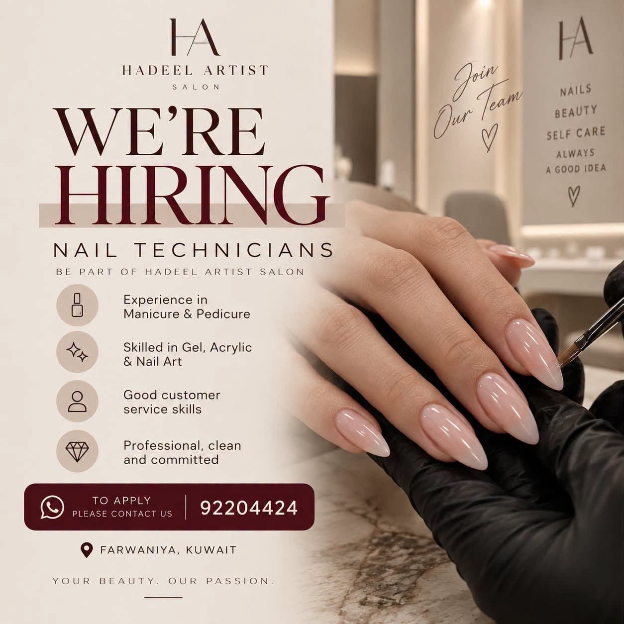 Hadeel Artist Salon is hiring Nail Technicians in Farwaniya, Kuwait.